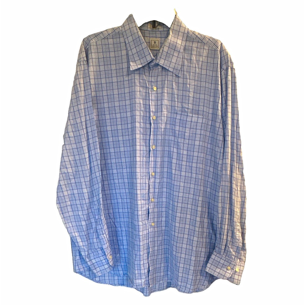 Peter Millar XL Blue White Plaid Cotton Woven Long Sleeve Button-Up Embroidered